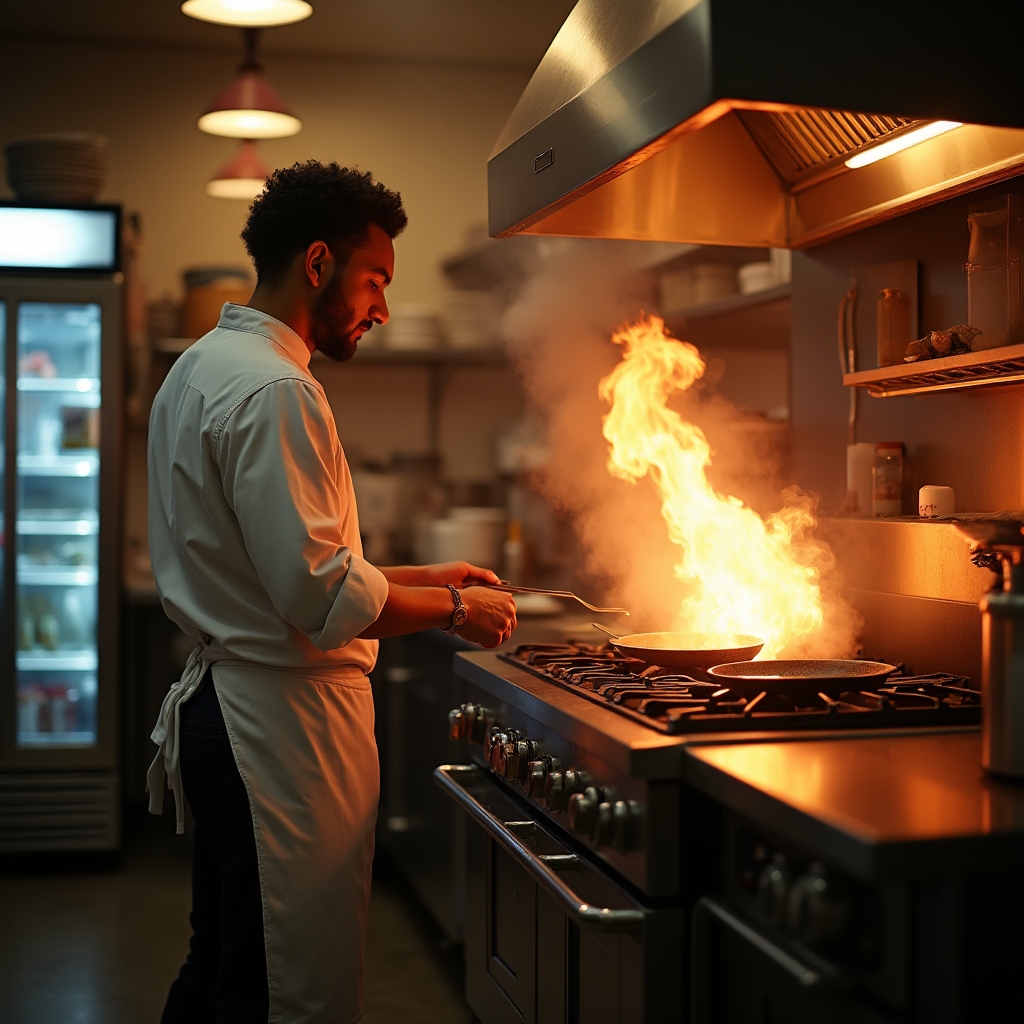 Cocina de un restaurante con equipos de refrigeración y cocción en funcionamiento