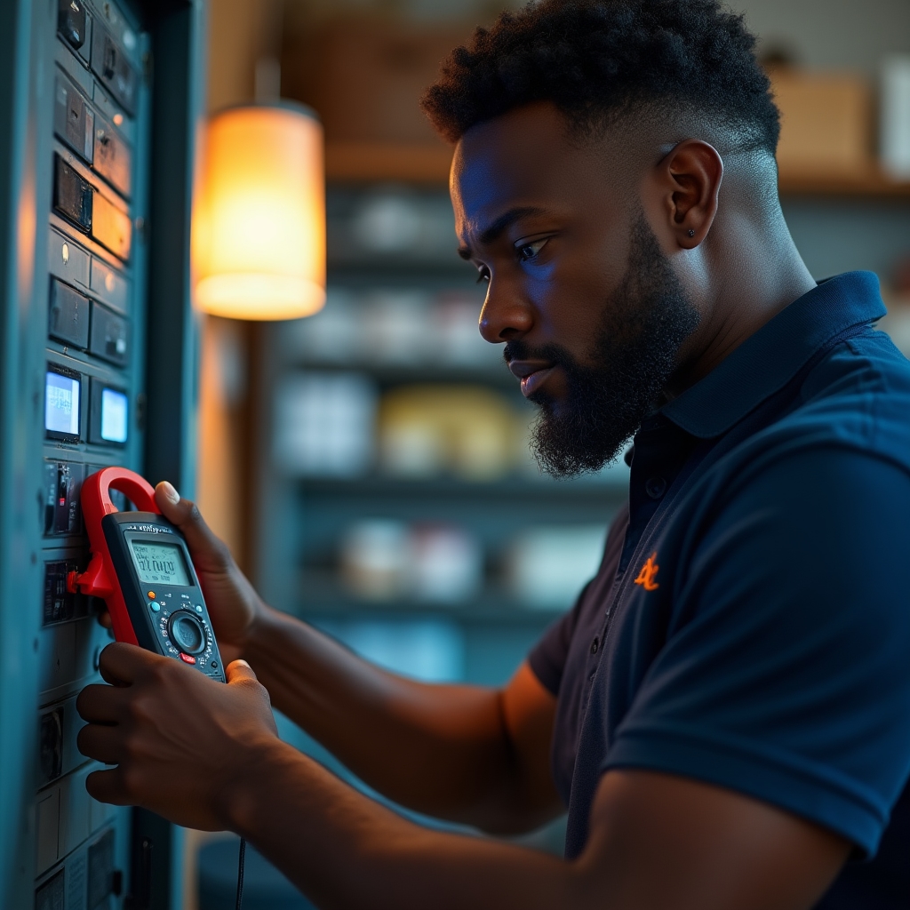 Técnico revisando un tablero eléctrico con un instrumento de medición de consumo
