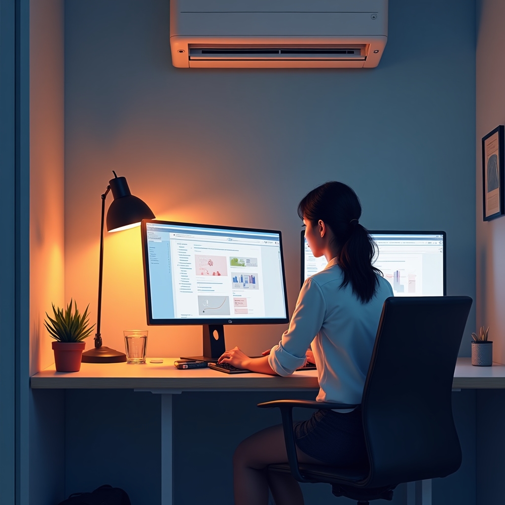Oficina de servicios con equipos informáticos y climatización en funcionamiento